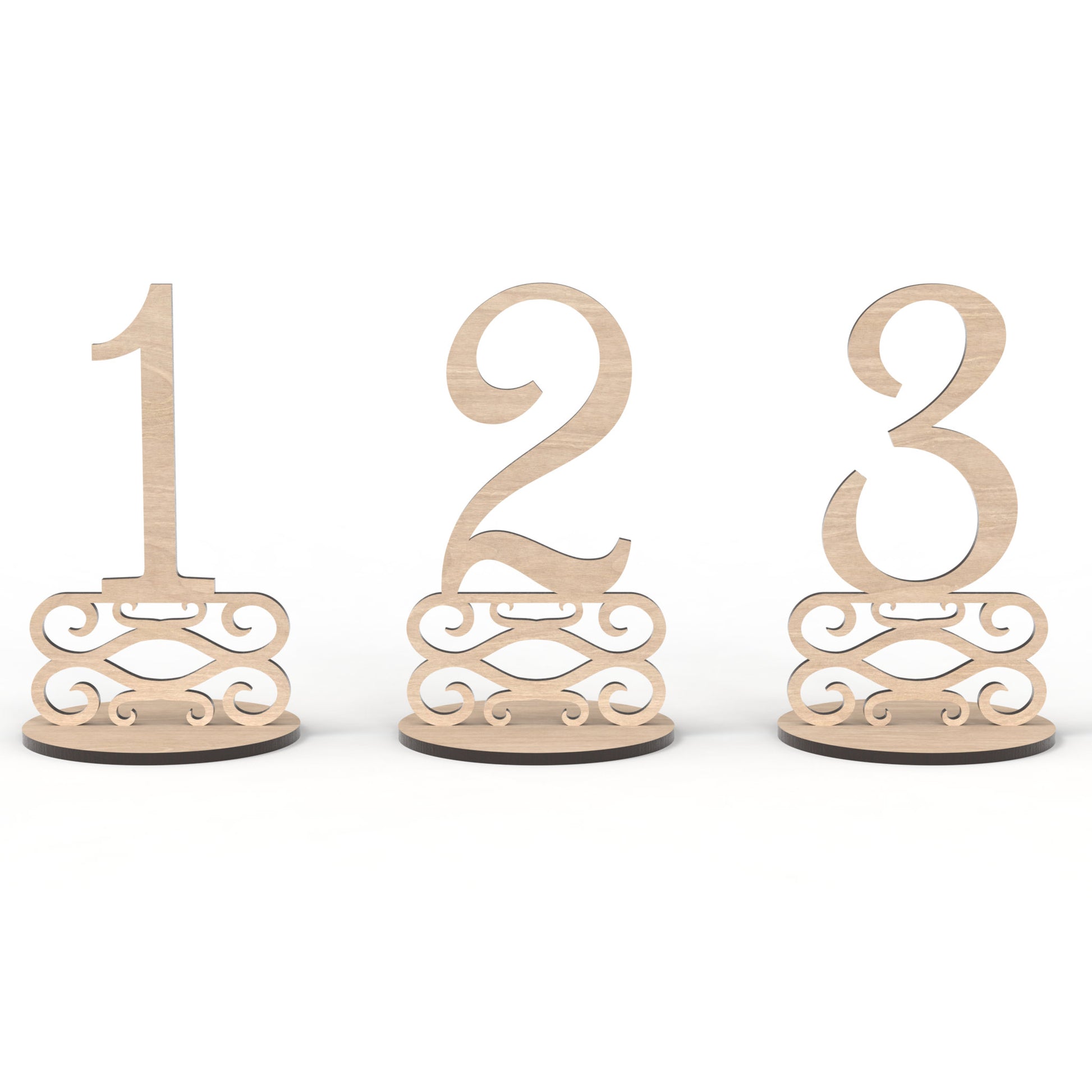 Numbers 1 - 3 of our set of 20 wedding table numbers made from our laser cutting files and available for digital download. These freestanding table number signs are perfect for weddings, birthdays, Christmas, and corporate gatherings, offering versatility for any occasion.