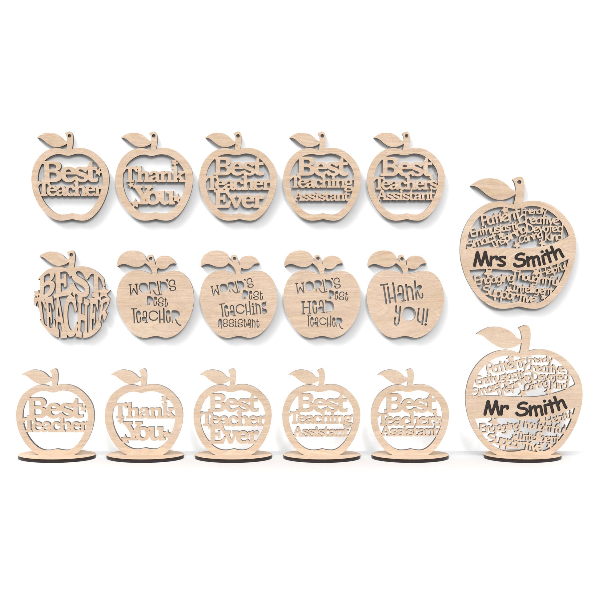 Set of 17 Teacher Appreciation Apples made from our laser cutting files, available as a digital download. Each apple has wording cut out of its centre.