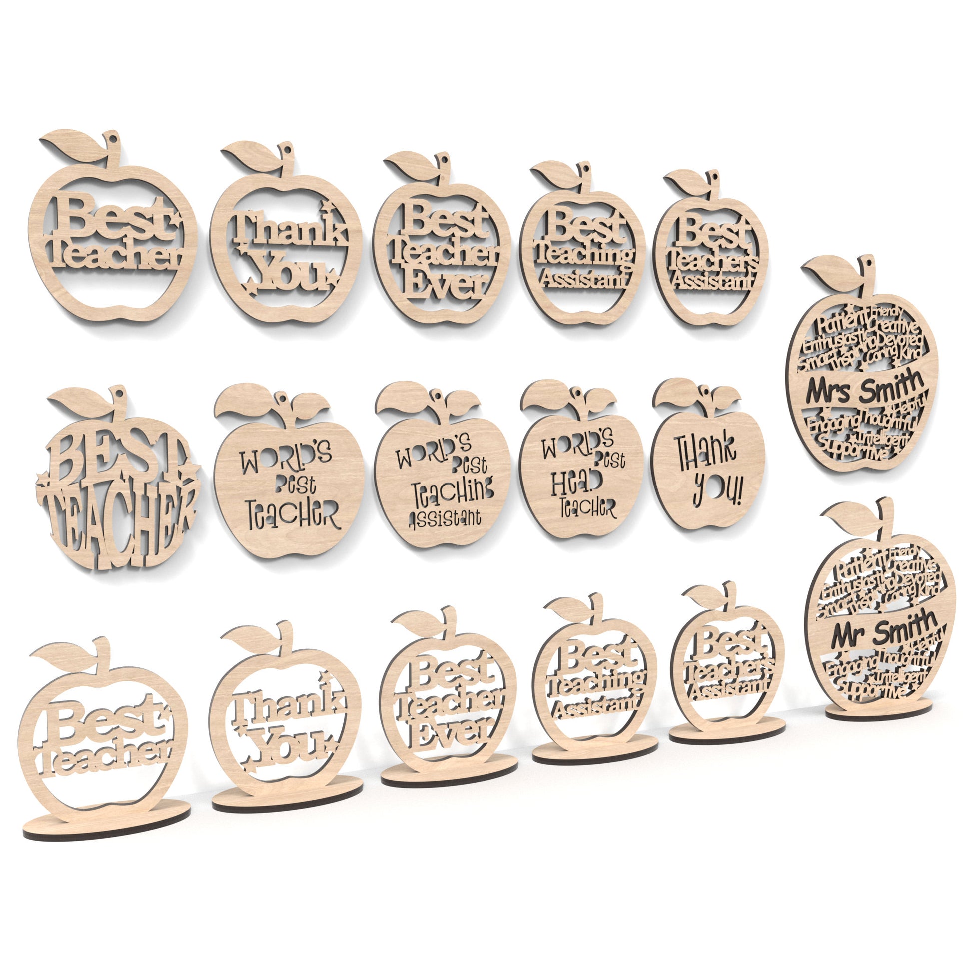 Set of 17 Teacher Appreciation Apples made from our laser cutting files, available as a digital download. Each apple has wording cut out of its centre.
