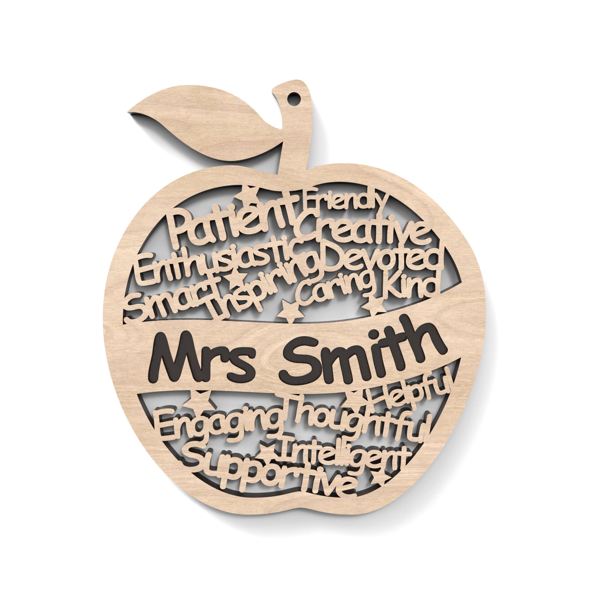 A Personalized Teacher Appreciation Apple made from our laser cutting files and available as a digital download. The apple has wording cut out of its centre.