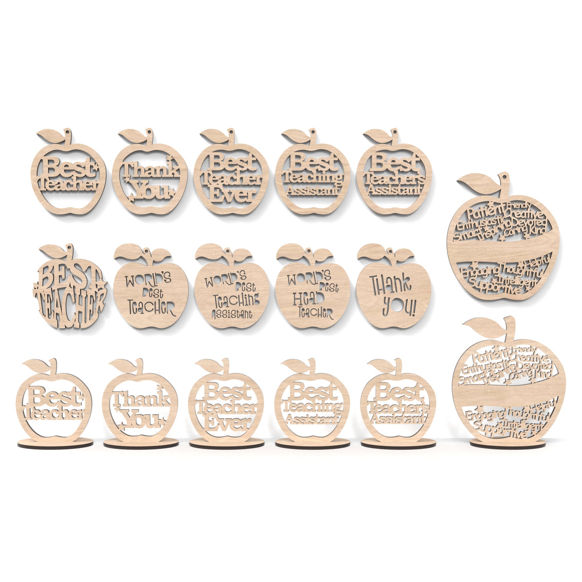 Set of 17 Teacher Appreciation Apples made from our laser cutting files and available as a digital download. Each apple has wording cut out of its centre.