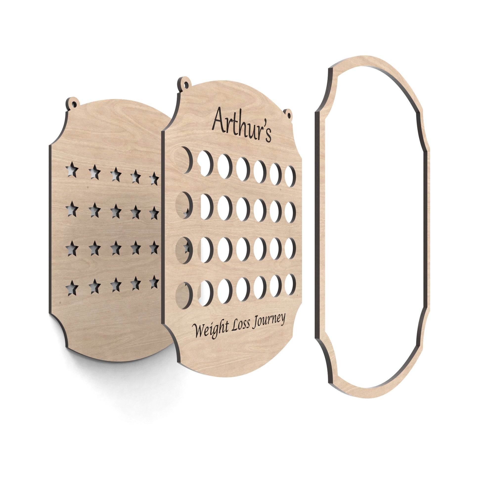 An exploded view of our 2 stone weight loss tracker chart made from our laser cutting files and available for digital download. Helping you celebrate every milestone on your journey to a healthier you.