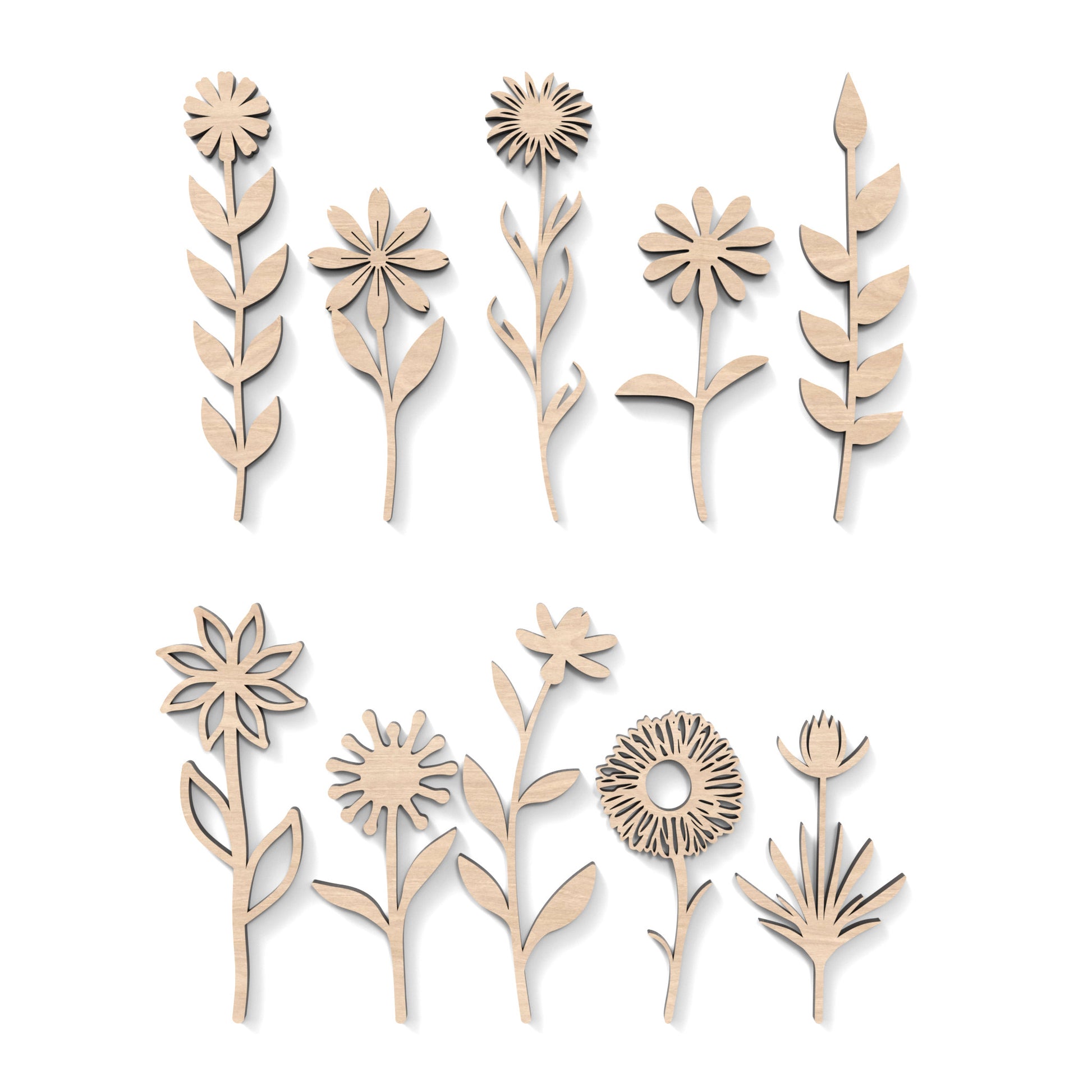 Set of 10 wildflowers made from our laser cutting files, available as a digital download. Each flower ranges from 15cm to 20cm high.