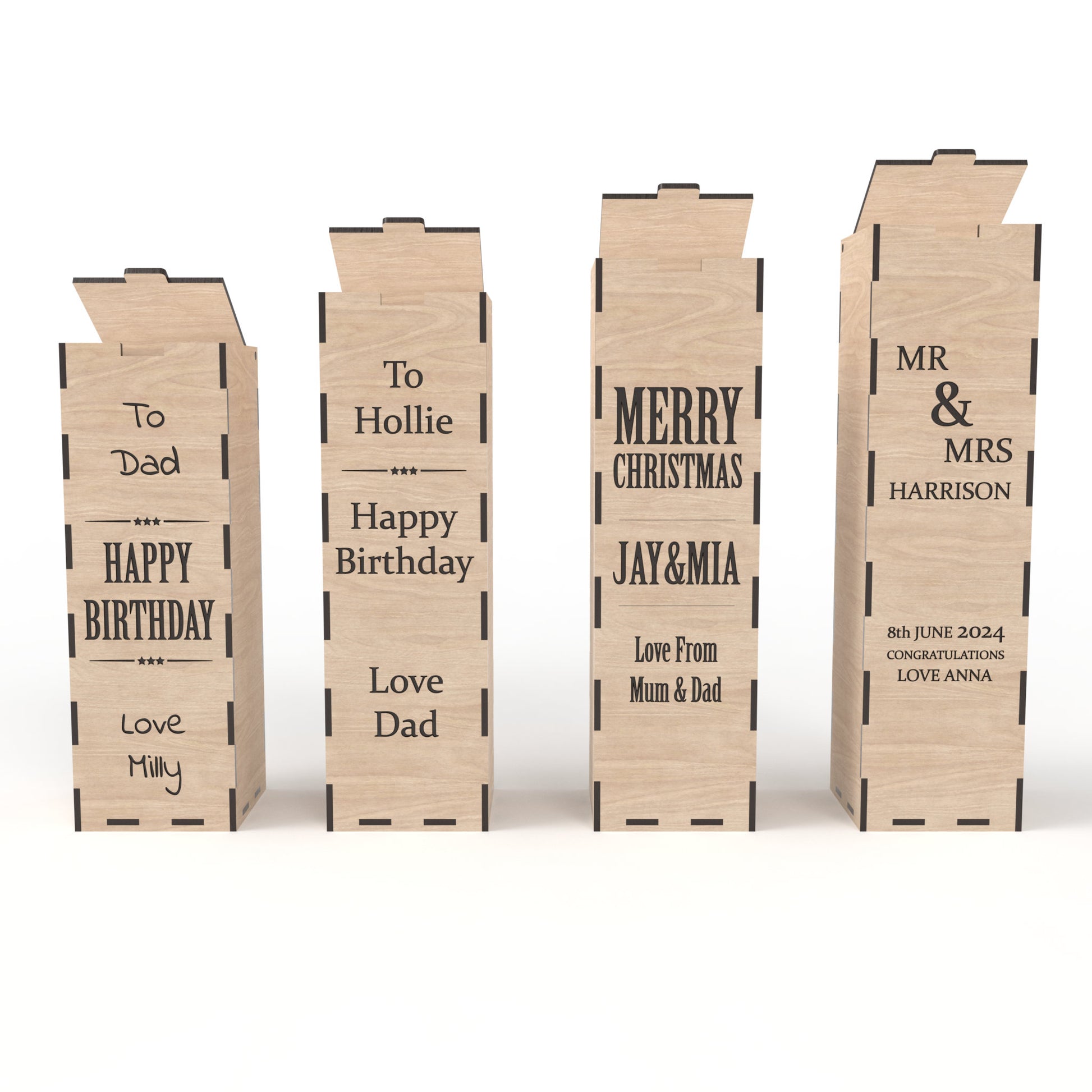 Set of 4 beer and wine boxes made from our laser cutting files and available for digital download. Each box measures 10cm x 10cm and ranges from 30cm to 37cm high. Ideal for gifts for dads, weddings, and more.