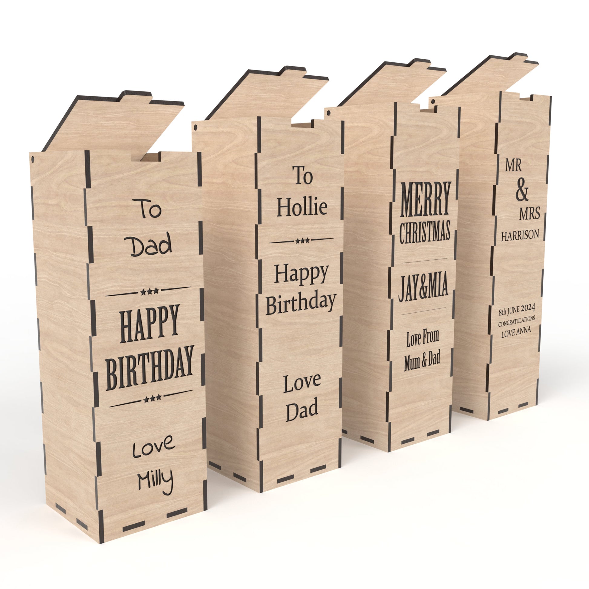 Set of 4 beer and wine boxes made from our laser cutting files and available for digital download. Each box measures 10cm x 10cm and ranges from 30cm to 37cm high. Ideal for gifts for dads, weddings, and more.