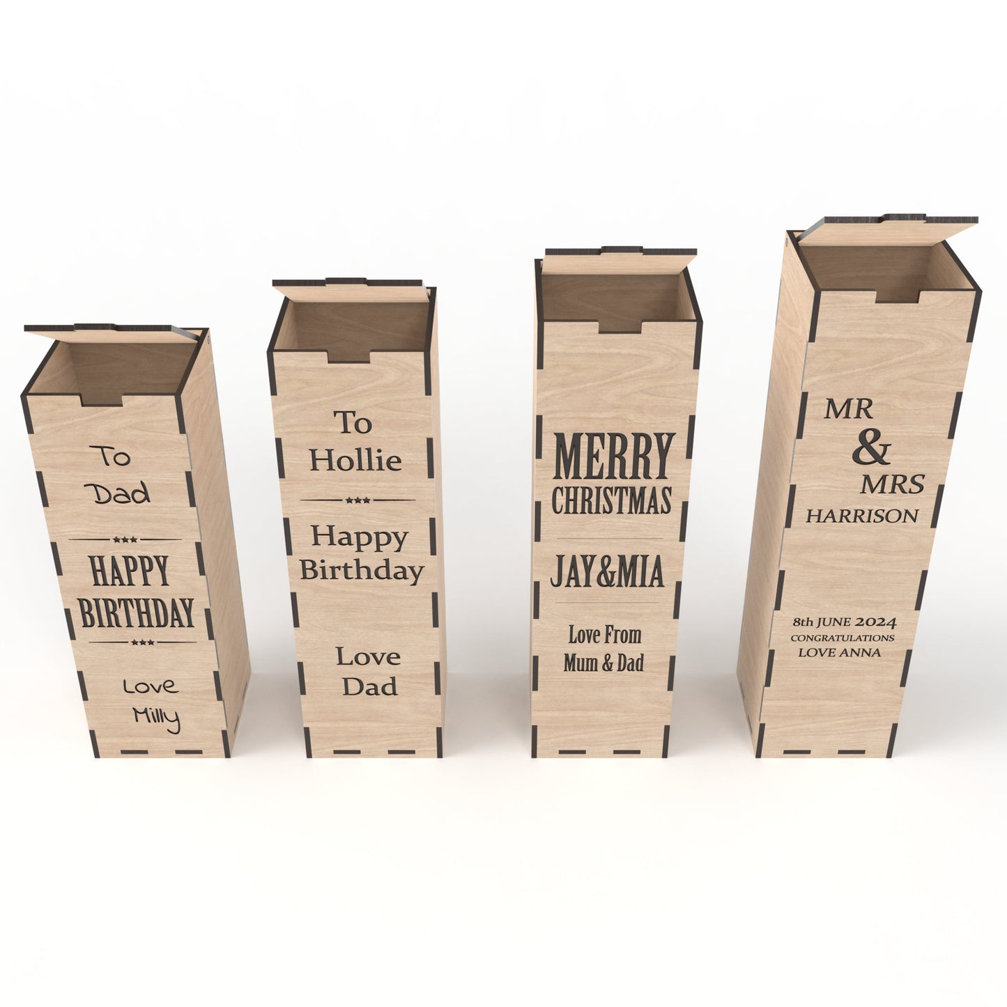 Set of 4 beer and wine boxes made from our laser cutting files and available for digital download. Each box measures 10cm x 10cm and ranges from 30cm to 37cm high. Ideal for gifts for dads, weddings, and more.