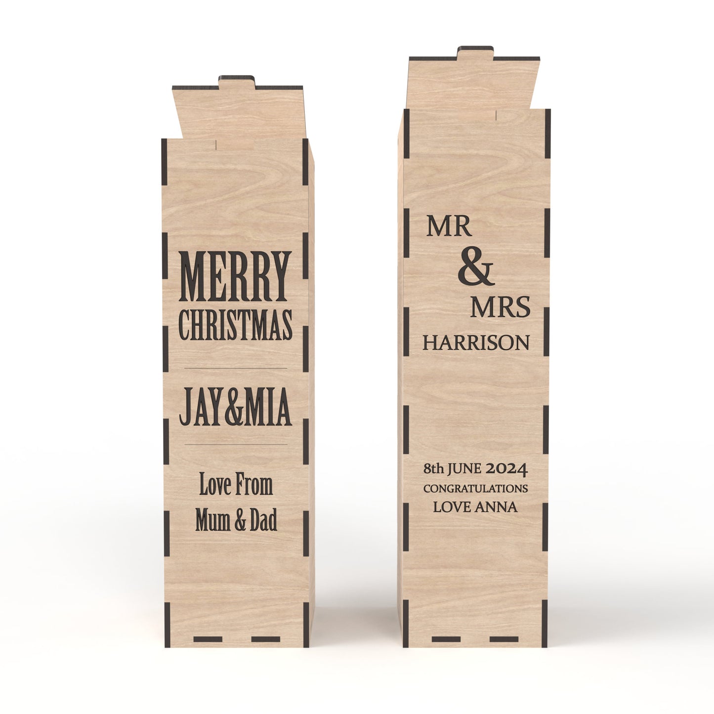 Set of 2 beer and wine boxes made from our laser cutting files and available for digital download. Each box measures 10cm x 10cm and ranges from 30cm to 37cm high. Ideal for gifts for dads, weddings, and more.