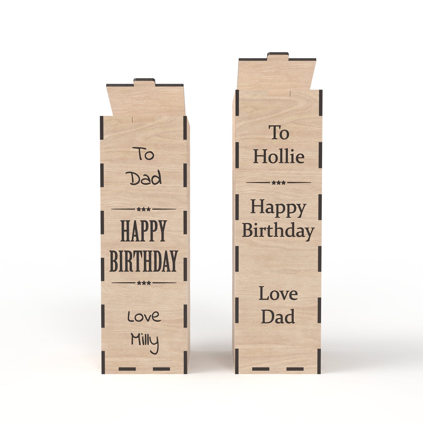 Set of 2 beer and wine boxes made from our laser cutting files and available for digital download. Each box measures 10cm x 10cm and ranges from 30cm to 37cm high. Ideal for gifts for dads, weddings, and more.