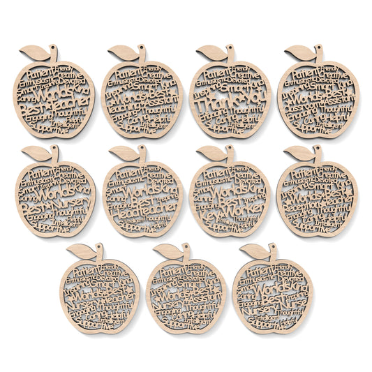 Set of 11 "World's Best Teacher" Appreciation Apples made from our laser cutting files and available as a digital download. Each apple features wording cut out of its centre.