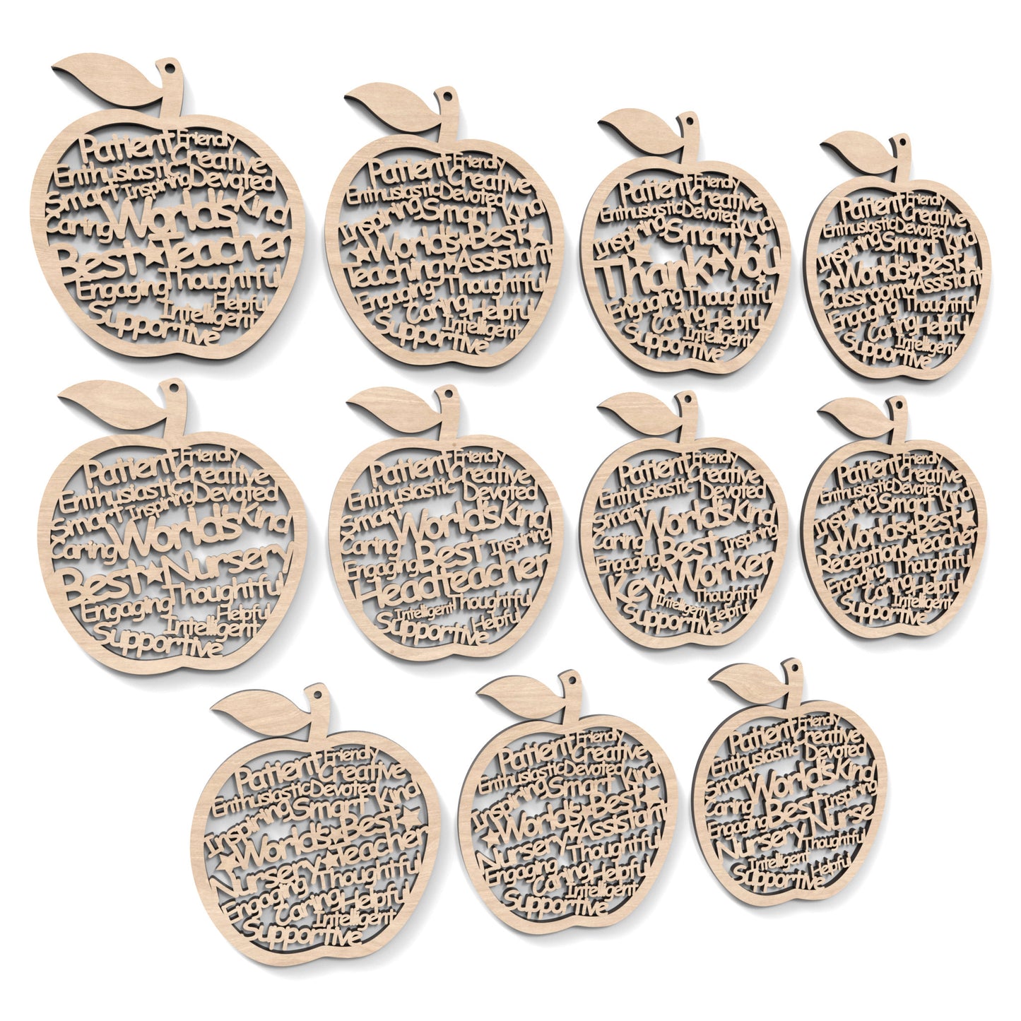 Set of 11 "World's Best Teacher" Appreciation Apples made from our laser cutting files and available as a digital download. Each apple features wording cut out of its centre.