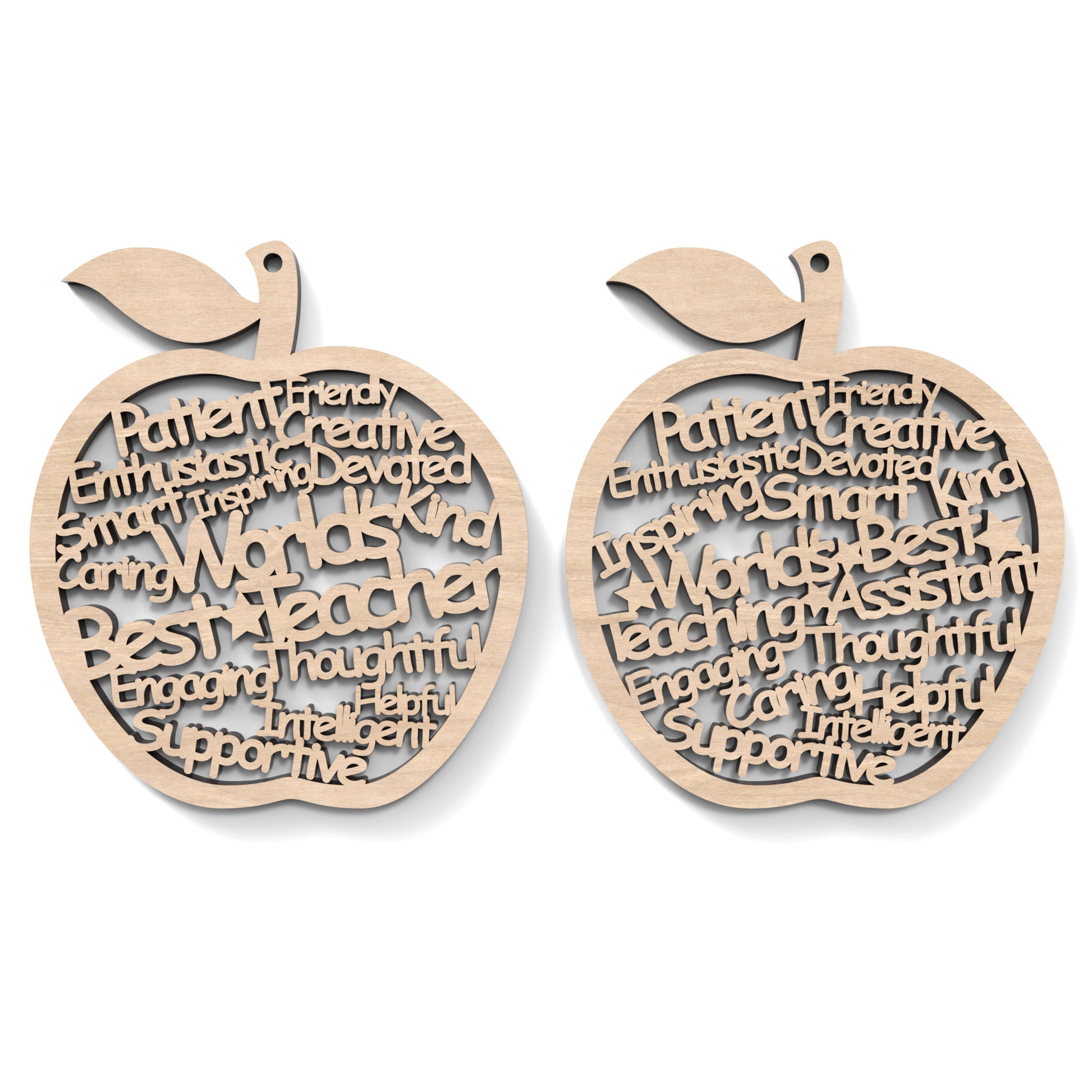 Set of 2 "World's Best Teacher" Appreciation Apples made from our laser cutting files and available as a digital download. Each apple features wording cut out of its centre.