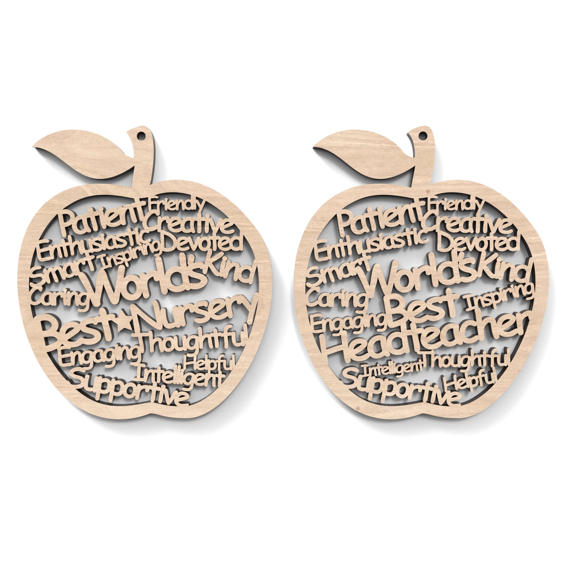 Set of 2 "World's Best Teacher" Appreciation Apples made from our laser cutting files and available as a digital download. Each apple features wording cut out of its centre.