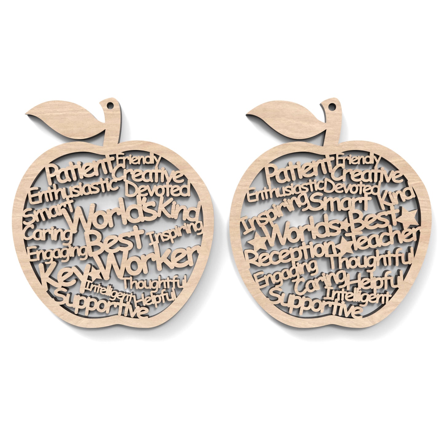 Set of 2 "World's Best Teacher" Appreciation Apples made from our laser cutting files and available as a digital download. Each apple features wording cut out of its centre.