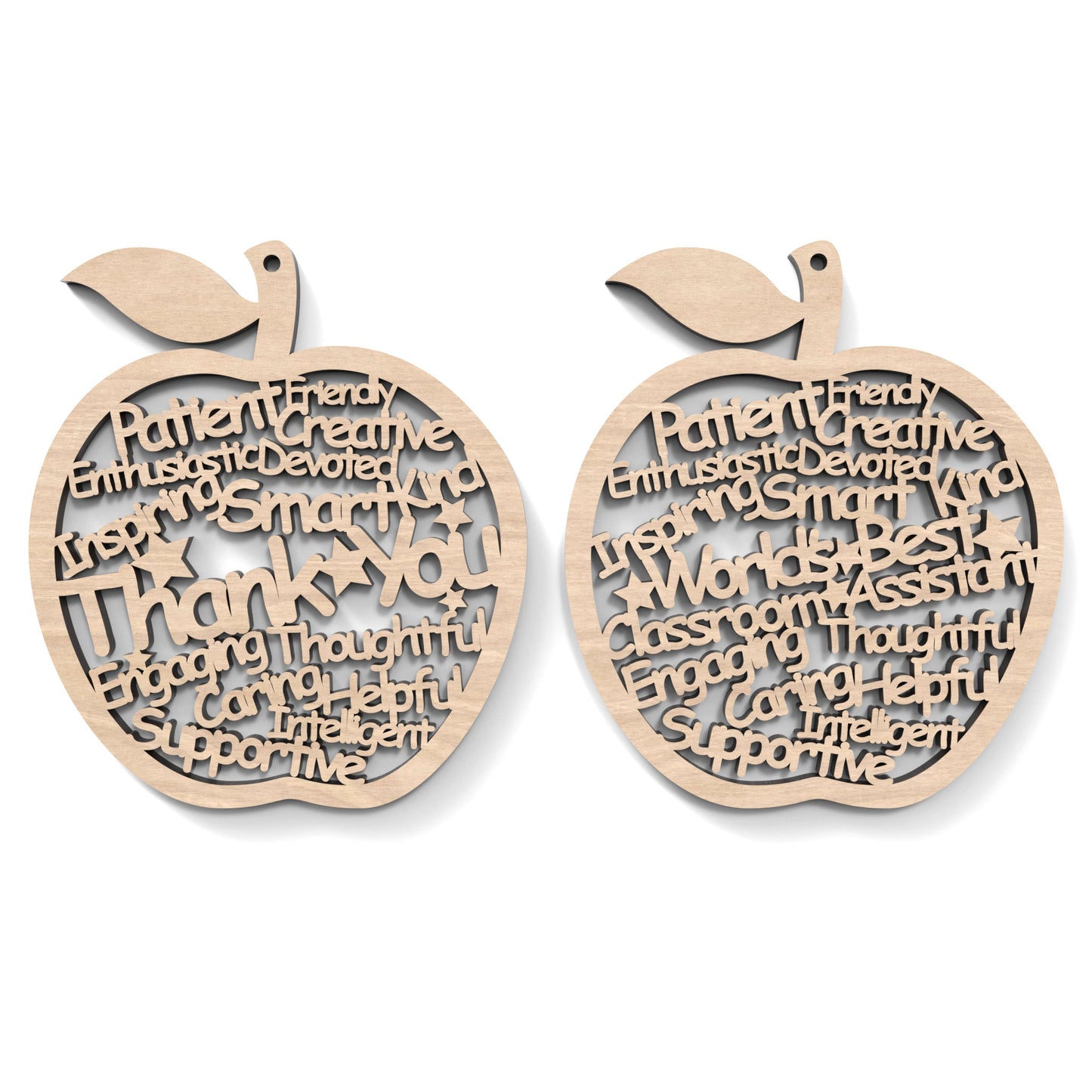 Set of 2 "World's Best Teacher" Appreciation Apples made from our laser cutting files and available as a digital download. Each apple features wording cut out of its centre.