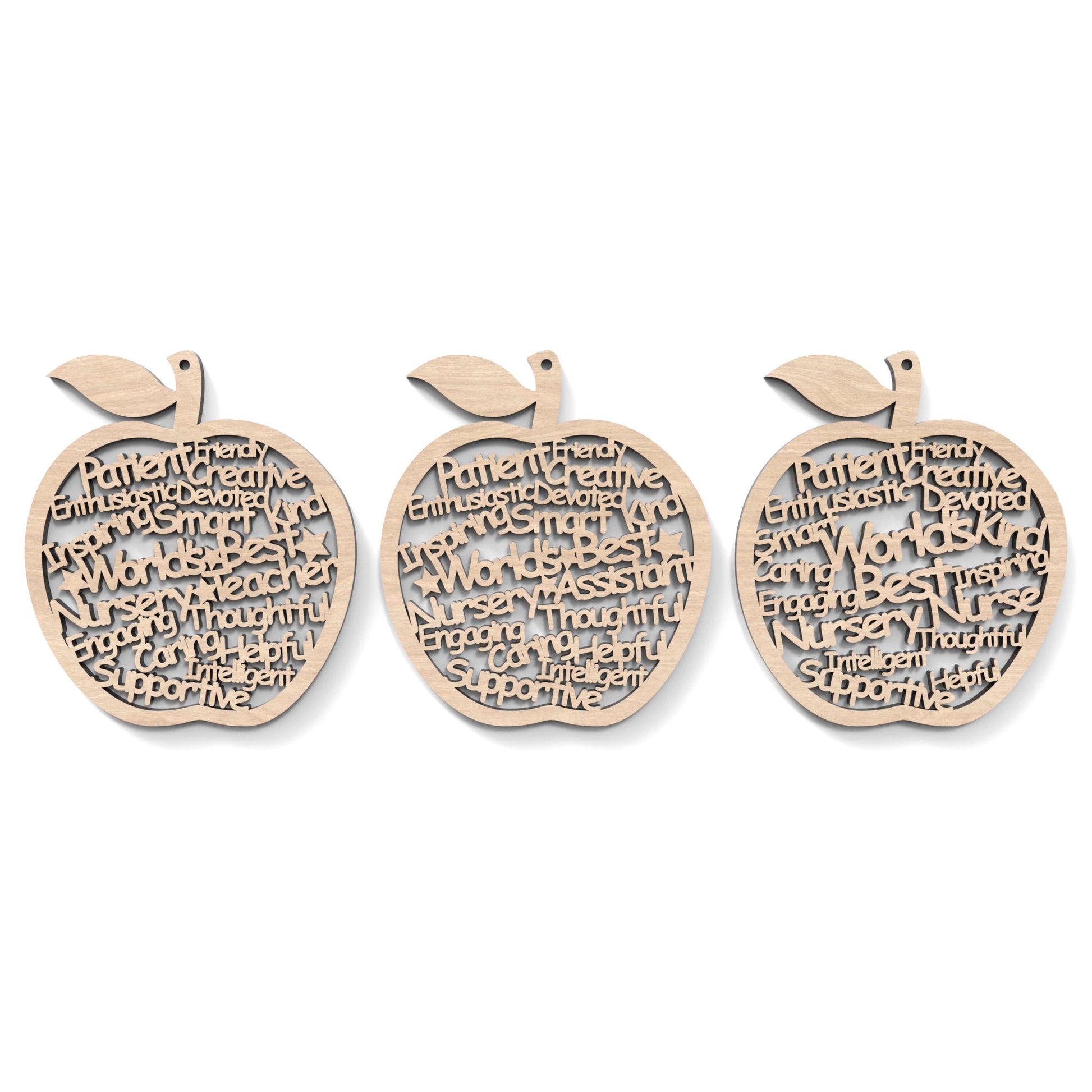 Set of 2 "World's Best Teacher" Appreciation Apples made from our laser cutting files and available as a digital download. Each apple features wording cut out of its centre.